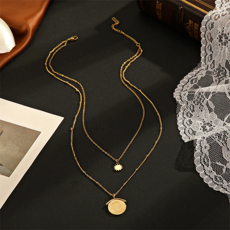 316L Stainless Steel New Fashion Upscale Jewelry 2 Layer Sunflower Beaded Charm Chain Choker Necklaces Pendants For Women