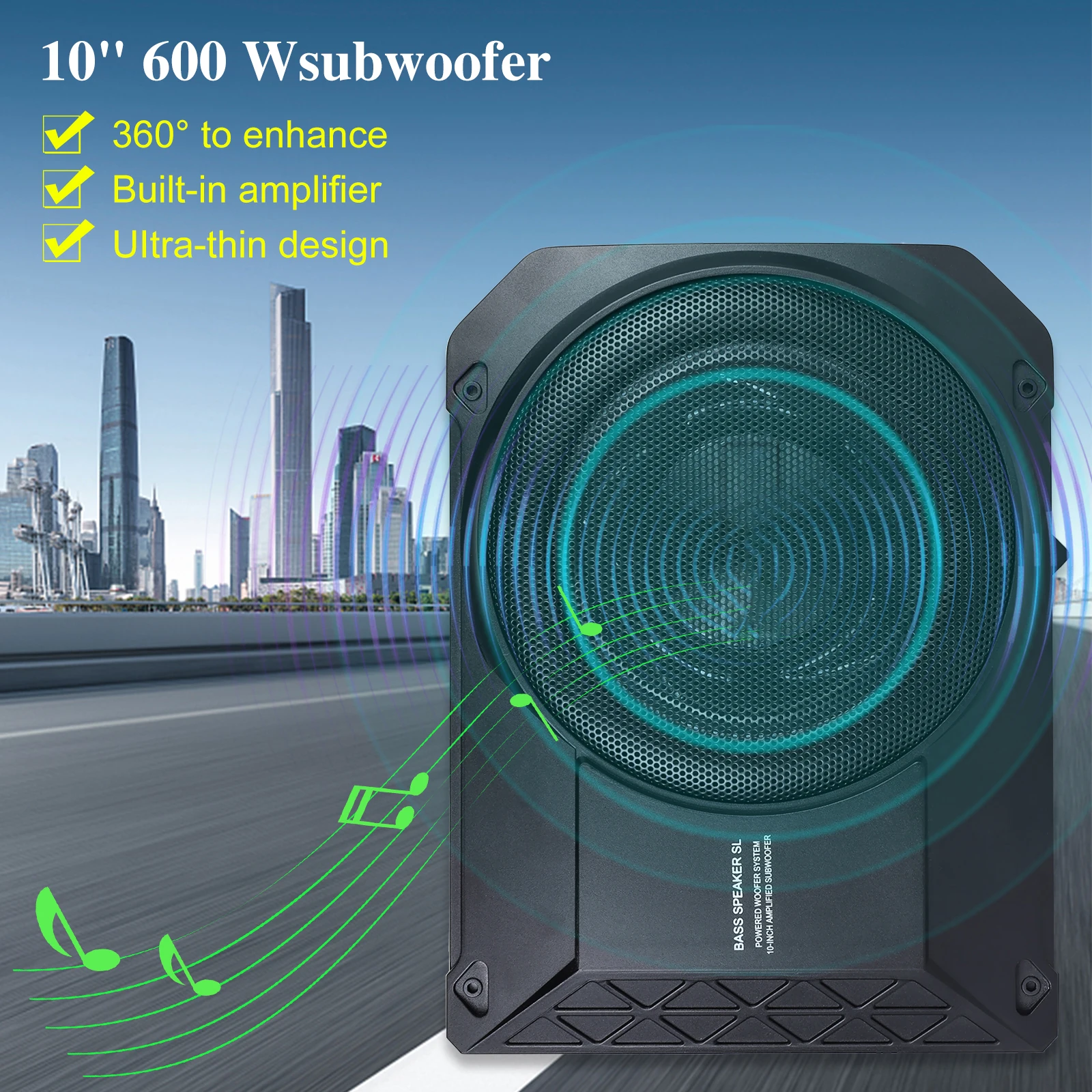 800W Car Subwoofer Audio 10inch High-power Speaker 90db Under Seat Woofer 1 Set SLIM Powered Subwoofer Enclosure With Cable