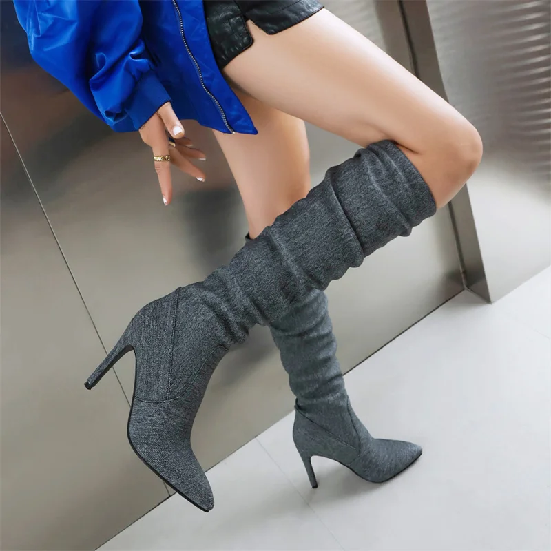 

2025 Winter Sexy Pleated Denim Mid-calf Botas Ladies 10cm Stiletto High Heele Party Shoes for Women Blue Black Plus Size 45 46