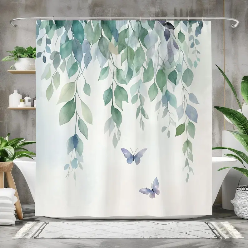 

Watercolor Leaves Shower Curtain, Waterproof Fabric Bath Curtain, Nature-Inspired Bathroom Decor, Hanging Greenery