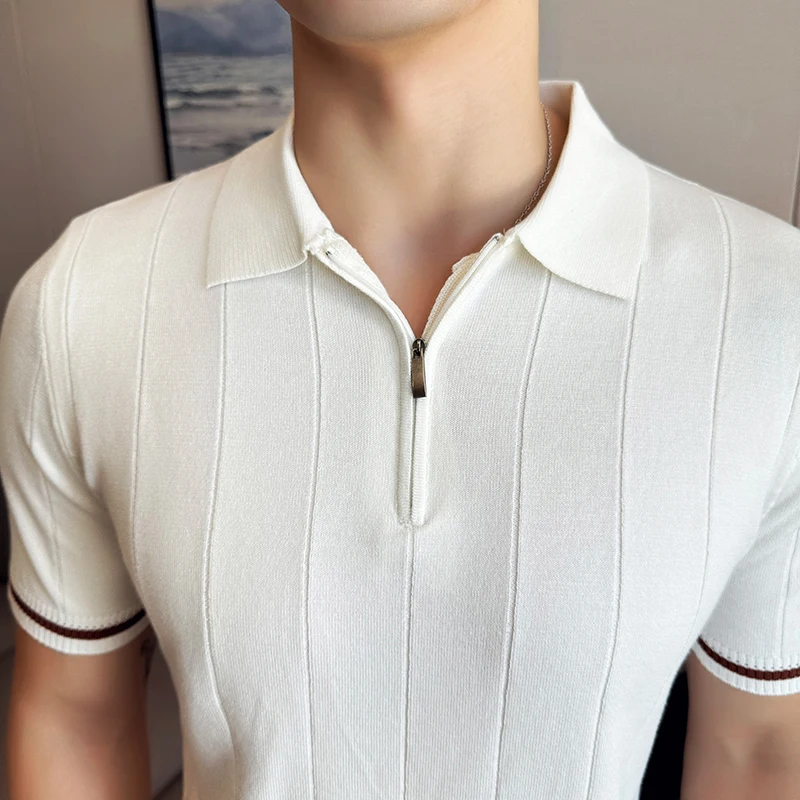 High Elastic Slim Fit Men Short Sleeve Knitted Polo Shirt 2024 Summer Light Thin Solid Striped Casual Lapel T-shirt Men Clothing