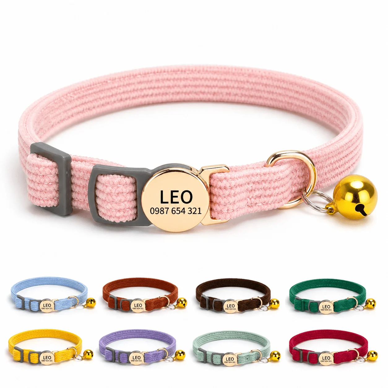 Personalisiertes Katzenhalsband mit Lasergravur, Anti-Verlust-Halsband, weiches Cord-Kätzchenhalsband mit Sicherheits-Abreißschnalle – Detail 5
