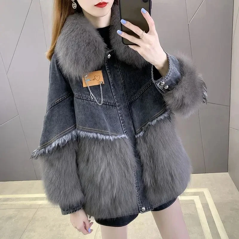 Faux Fur Coat Women's 2022 Winter New Denim Stitching Parkas Women Fashion All-match Casual Fox Fur Collar thicken Warm Jacket