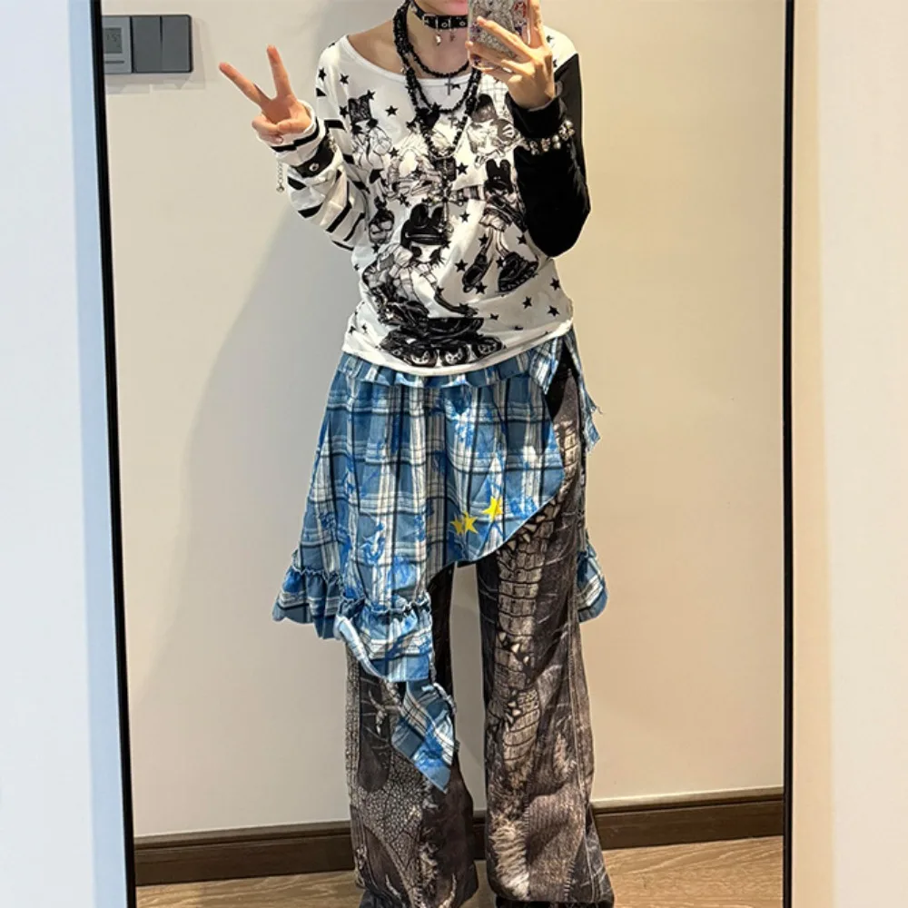 ชุดแฟชั่นสไตล์สตาร์เลเยอร์ กระโปรงลายสก็อต ฮิปฮอปหวาน ผ้าพันคอผูกเอว สไตล์เกาหลี Y2K ขอบระบาย เอวเข็มขัด เครื่องประดับเอว