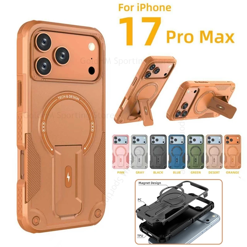 

Military Grade Armor Magnetic Stand Case For iPhone 17 16 15 Pro Max For Magsafe Heavy Duty Cover For Apple 16E 17 Air 15 16 Pro