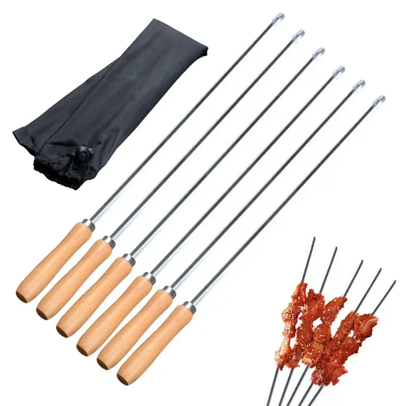 

Stainless Steel Skewers Flat Kebab Skewers Barbecue Skewers With Wooden Handle Flat Metal BBQ Skewers Tools Set For Meat Chicken