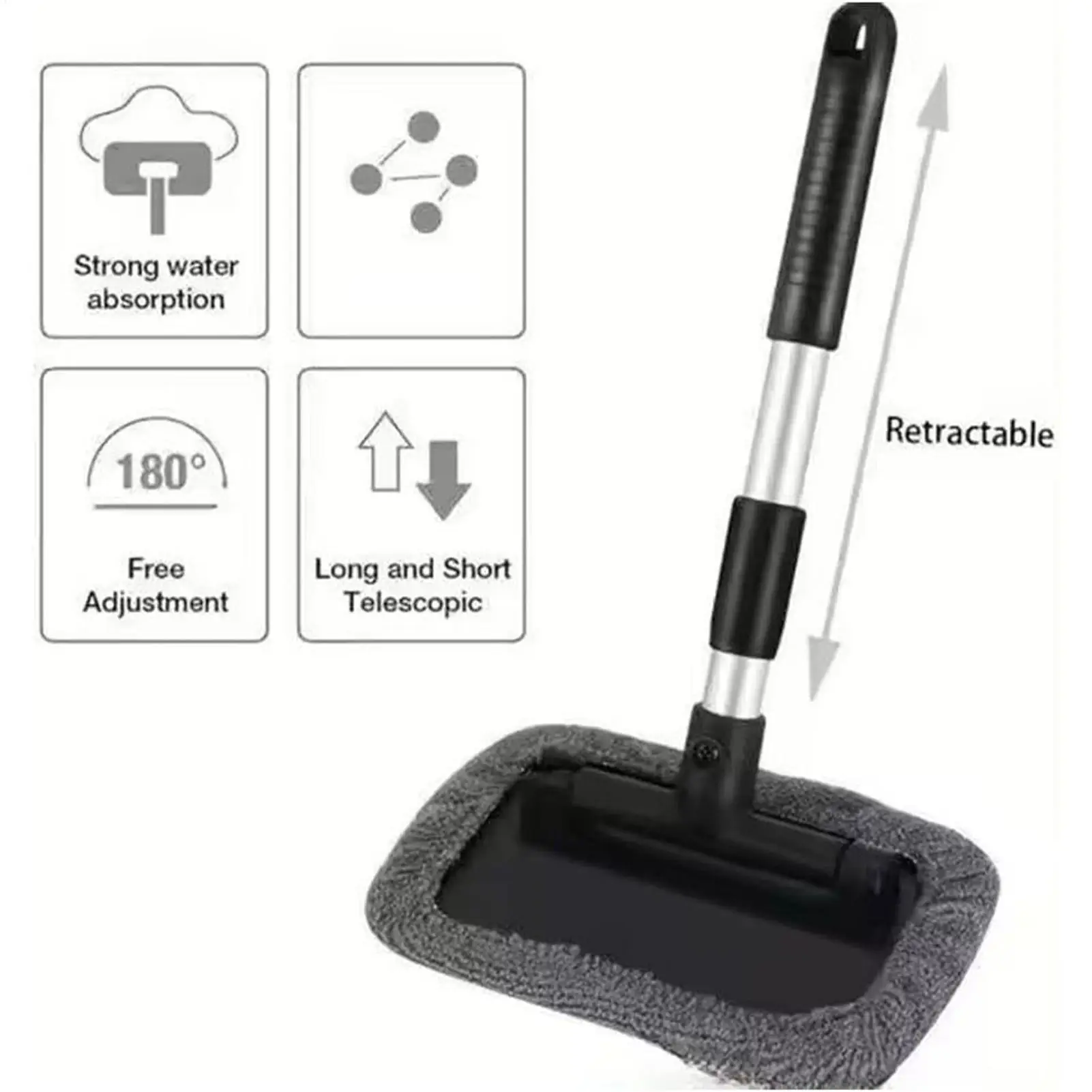 Windshield Cleaner with Telescopic Handle Aluminum 180 degree Rotation Pole 4 Washable Microfiber Pads Durable Car Window Cleane