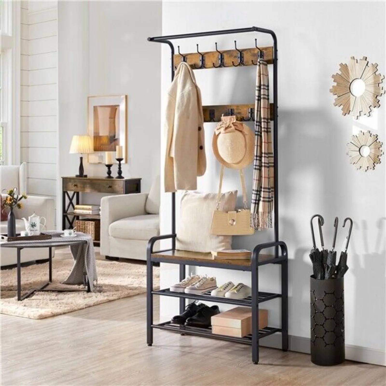 

Industrial Hall Tree with Bench & Shoe Storage Coat Rack Shoe Bench with 9 Hooks United States