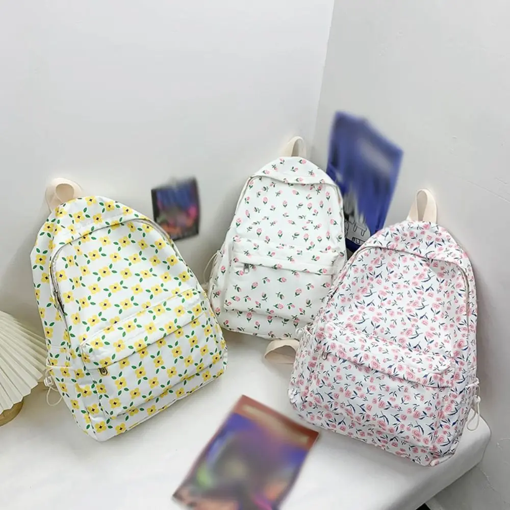 Multi Pocket Fashion Students Backpack Nylon Leisure Floral School Bag Aesthetic Casual Shoulder Bag Textbook