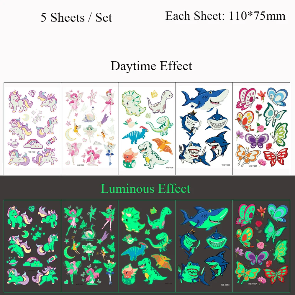 5 Sheets Luminous Tattoo Stickers Temporary Colorful Animal Dinosaur Tattoo Cute Tattoo Stickers Children\'s Body Tatto