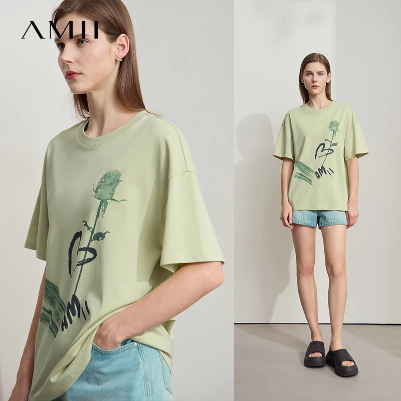 Amii Women's T-Shirt Minimalist 2025 New Summer Casual Collegiate