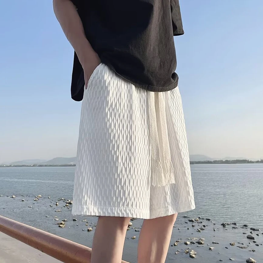 

Ice Silk Pleated orts Men Loose Straight Leg Wfle Patterned Beach orts Textured Feeling mid Waist Pants Summer Casual Wear