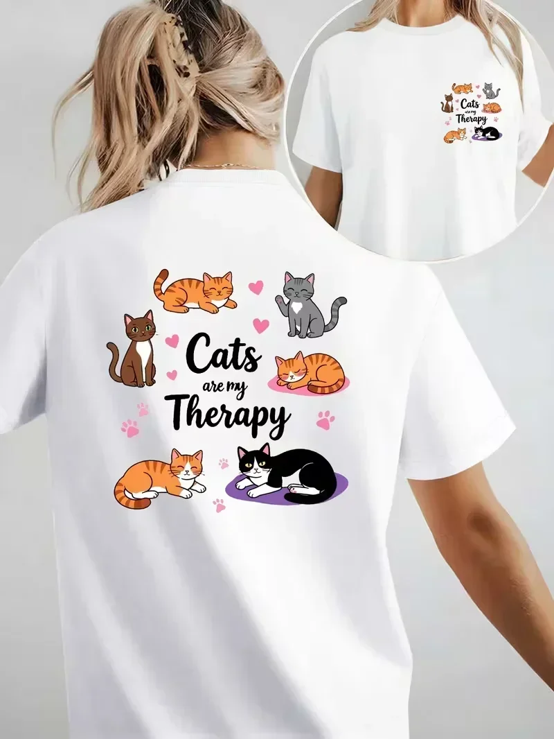 T-shirt imprimé « Les chats sont ma thérapie » pour hommes et femmes, décontracté, ample, streetwear, usage quotidien, durable, toutes saisons, vêtements de loisirs