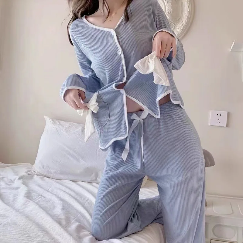 Leopard Two-piece Set Pajamas for Women 2024 New Autumn Faux Cotton Classy Female Sleepwear Long Sleeve Fashion Casual Homewear