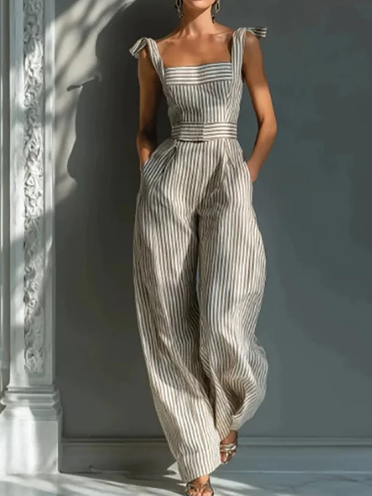 Damen-Jumpsuit mit Spaghettiträgern und Rückenausschnitt, Sommer, ärmellos, gestreift, Patchwork, weite Beine, Playsuit, Streetwear 2026