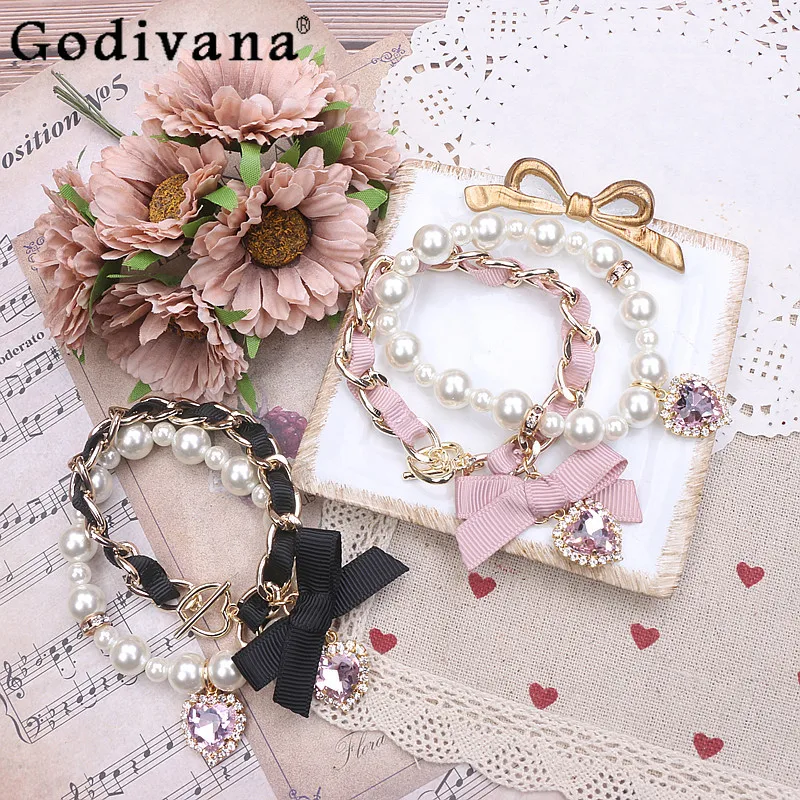 

Japanese Style Sweet Cute Lady Beading Pearl Bracelets 2024 Fashion Kawaii Bowknot Rhinestone Bilayer Bracelet for Women Girls