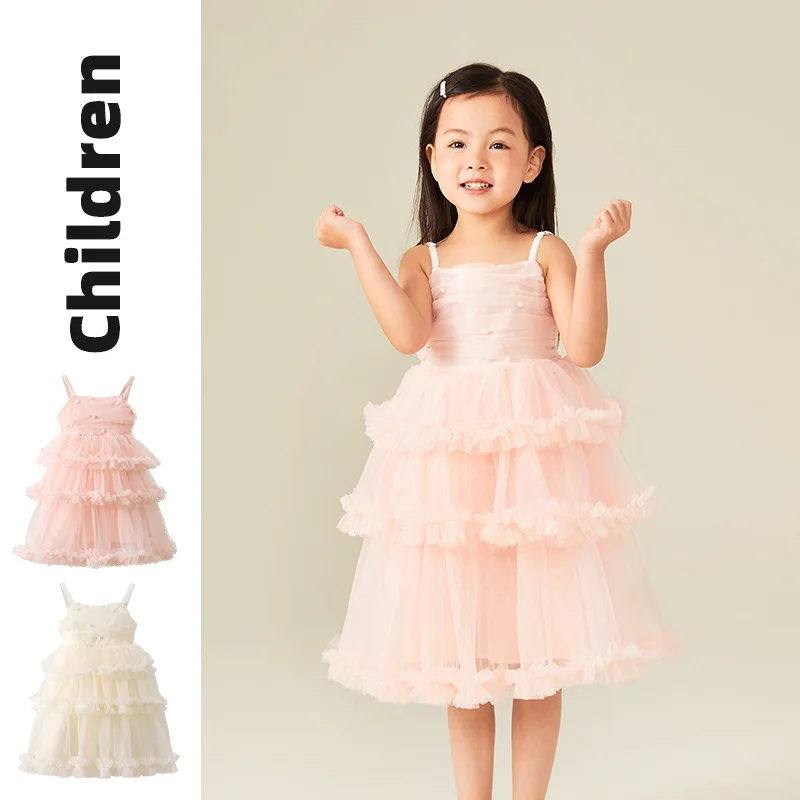 

Toddler Girls Party Dresses Sleeveless Strap A-Line Ruffle Tiered Twirling Dress With Pearl Decoration