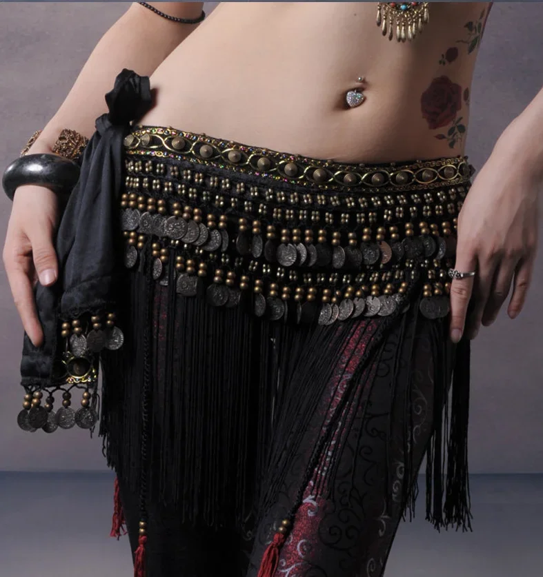 New Style Belly Dance Hip Scarf Coin Belt Tribal Costume Fringe Tassel Belt Copper belly dancing waist belt on sale