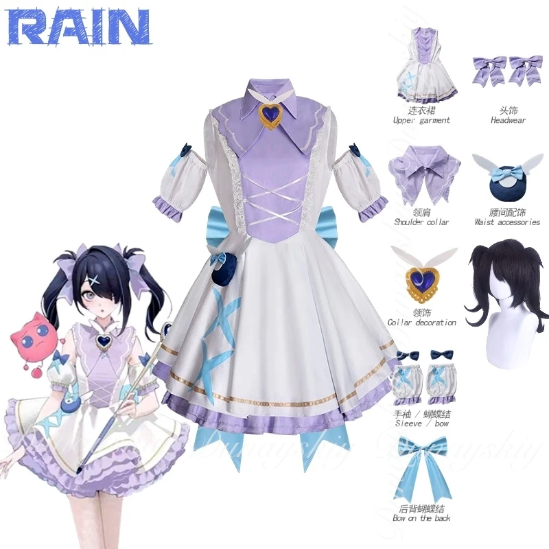 

NEEDY GIRL OVERDOSE Game Rain Ame Cosplay With Black Wig 2025 Birthday Dress In White And Purple Color Cosplay Costume Full Suit