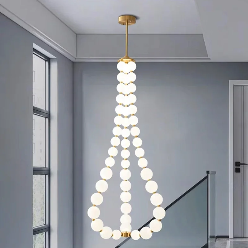 

Nordic Copper Ceiling Chandelier Simple Modern Led Long Strip Round Ball Pearl Home Decorative Lighting Staircase Hanging Lamp