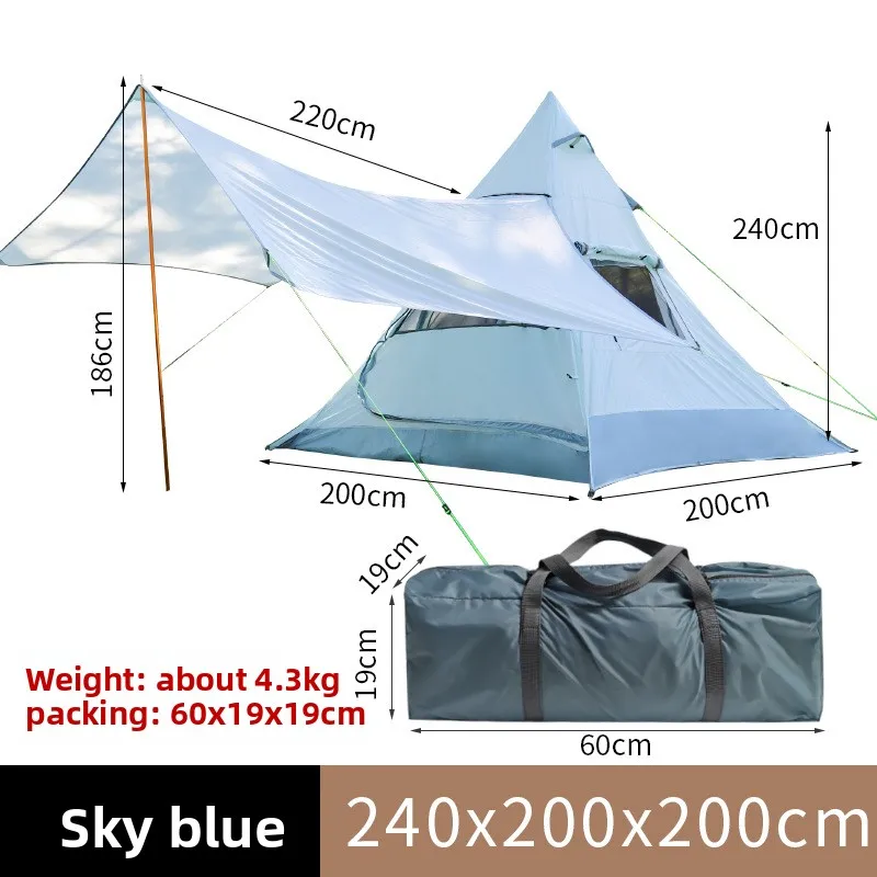 210D Oxford al aire libre pirámide india Oxford impermeable 3-4 personas dosel plegable a prueba de viento resistente a los rayos UV tienda de campaña con Awaing