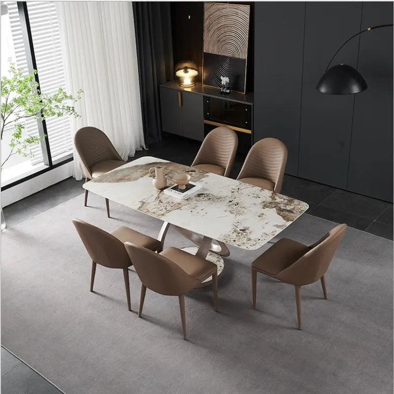 ^%Italian Luxury Dining Table Set High-End Stainless Steel Oval Dining Table with 6 Modern Marble Chairs for Home Furniture