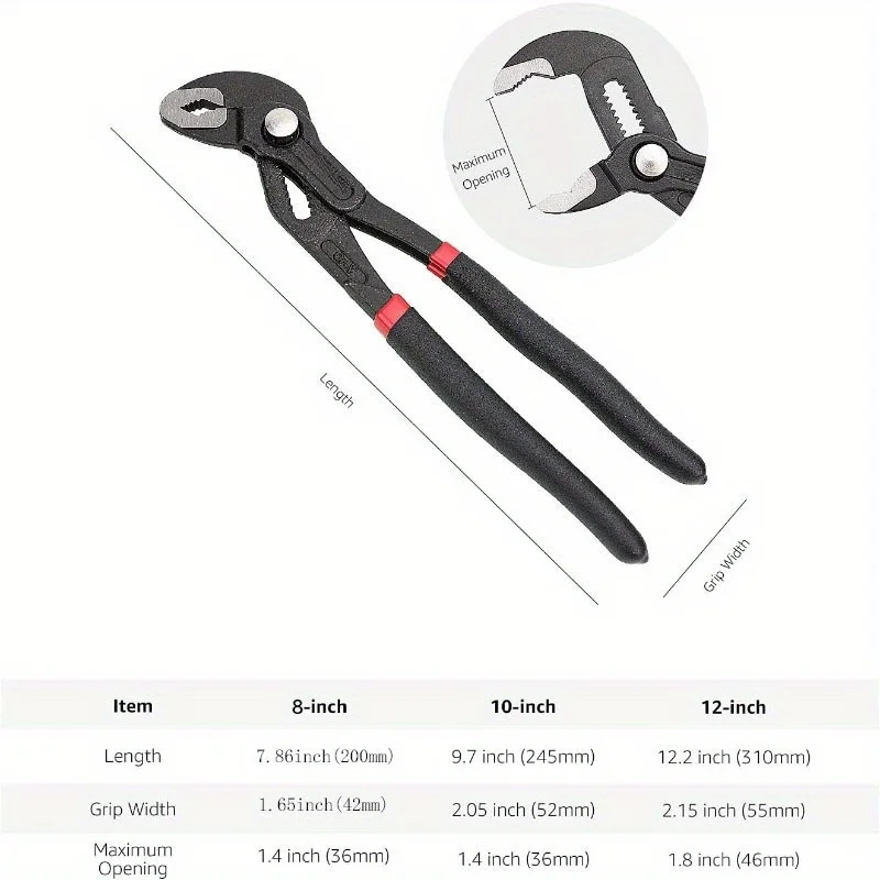 3‑Piece Quick Release Groove Joint Water Pump Pliers Set, Drop Forged Chrome Vanadium Steel, 8/10/12 Inch Black Hand Tool for Plumbing Repair