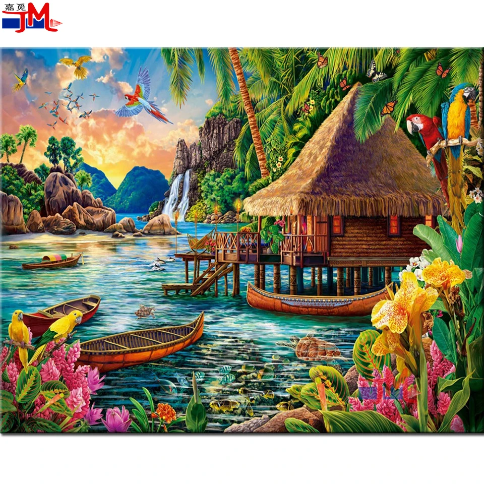 DIY 5D Diamond Painting Beach Resort scenery Cross Stitch Full Drill Diamond Embroidery Parrot Pattern Rhinestones Mosaic Flower