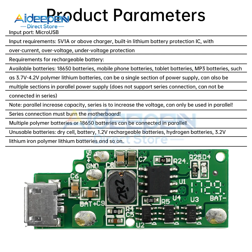 18650 Boost Charger Board 3.7V to 5V Micro USB Output With Over-Current/Voltage Protection DIY Mini Power Bank Module
