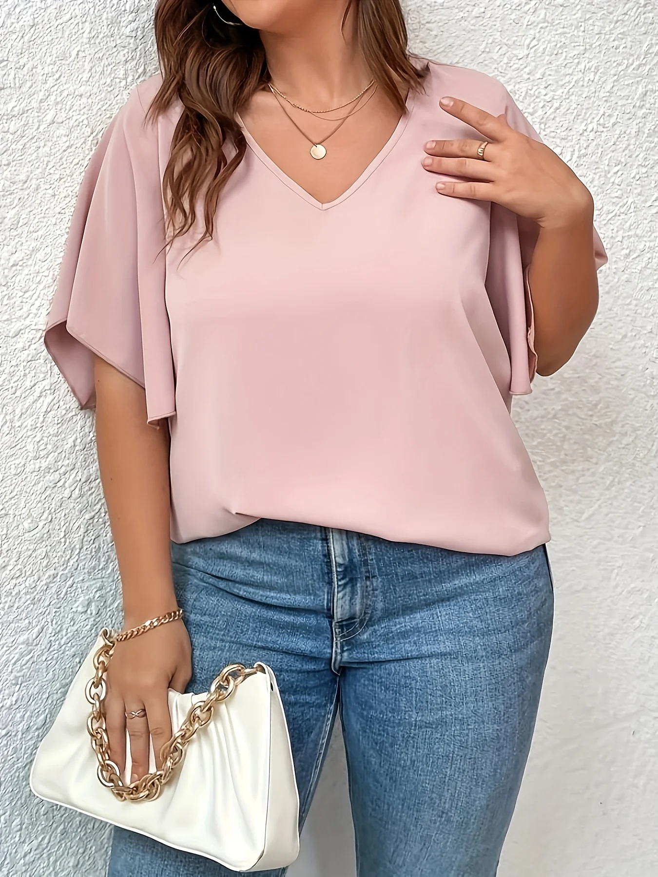 Plus Size 1XL-5XL damska koszulka w jednolitym kolorze z dekoltem w szpic bluzka rękawami typu dzwony lekko rozciągliwa koszulka z swetry na co dzień