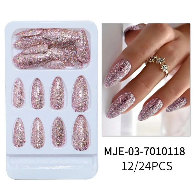 24 Pcs Almond False Nails for Women Mid-Length Aesthetic Nail Tips Ready-made Artificial Glued Nails Glitter Pink Press on Nails