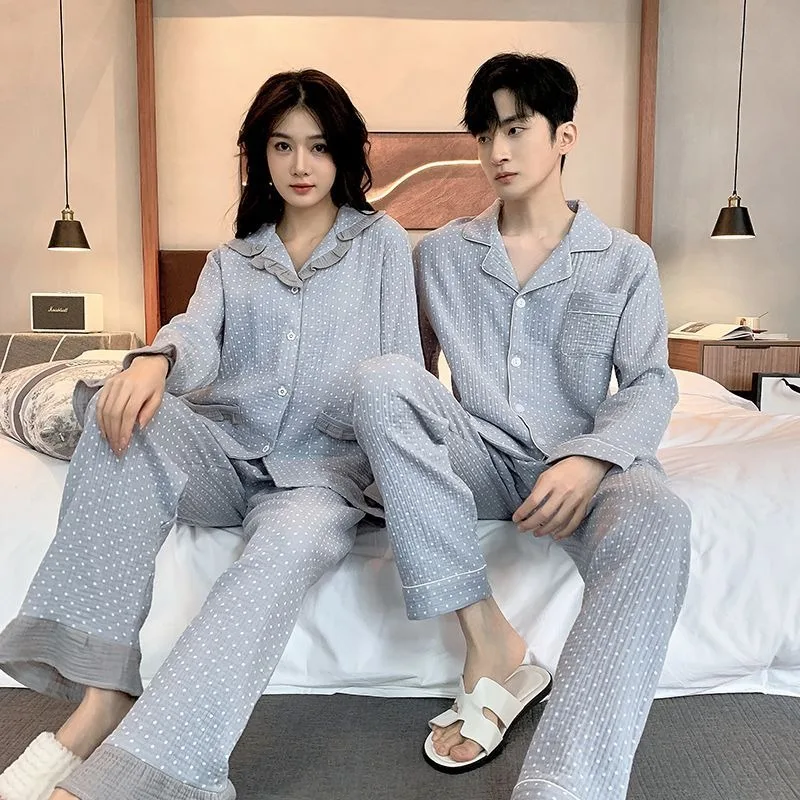 2023 New Pajamas for Men Women Spring Summer Pure Cotton Sleepwear Thin Wave Dot Printed Long Sleeved Pants Set Couple Homewear