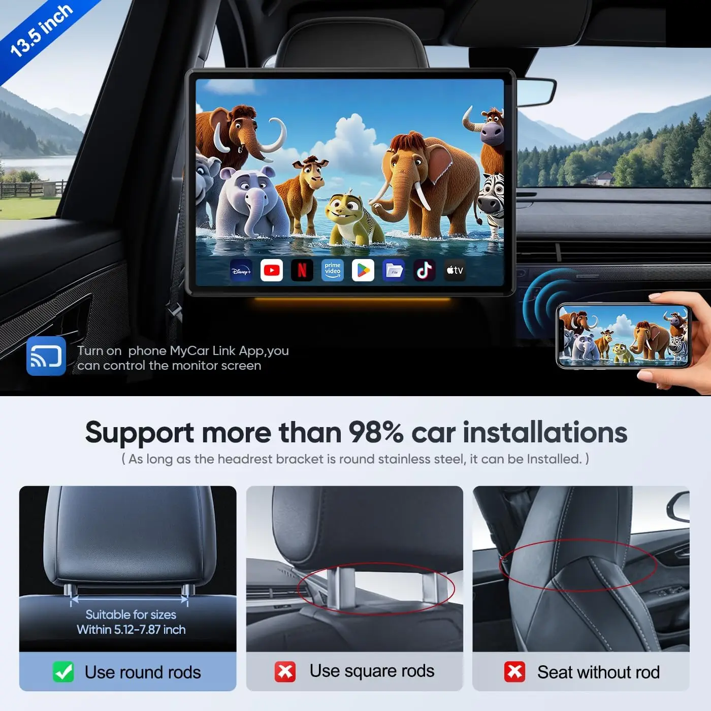 13.5 inch Car Headrest Monitor Tablet PC 8 Cores Android 14 HD 1080P WIFI/Bluetooth/HDMI/FM/Mirror Link/Miracas 2G+32GB ROM