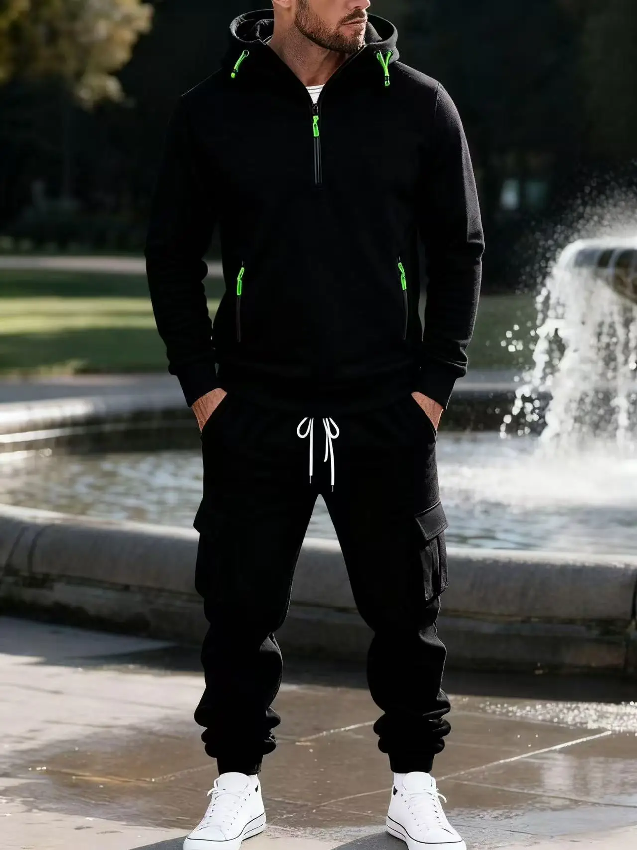 

Winter men's fleece hooded sweatshirt, loose casual sports workwear jacket, half zip sweatshirt, couple style fashionable sports