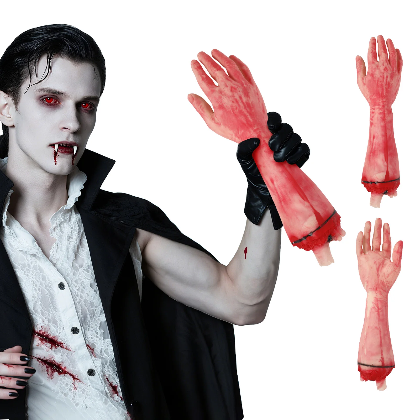دعامة ذراع بشري لليد المزيفة الدموية، جزء جسم ميت واقعي من الأطراف المقطوعة لتزيين حفلات الهالوين