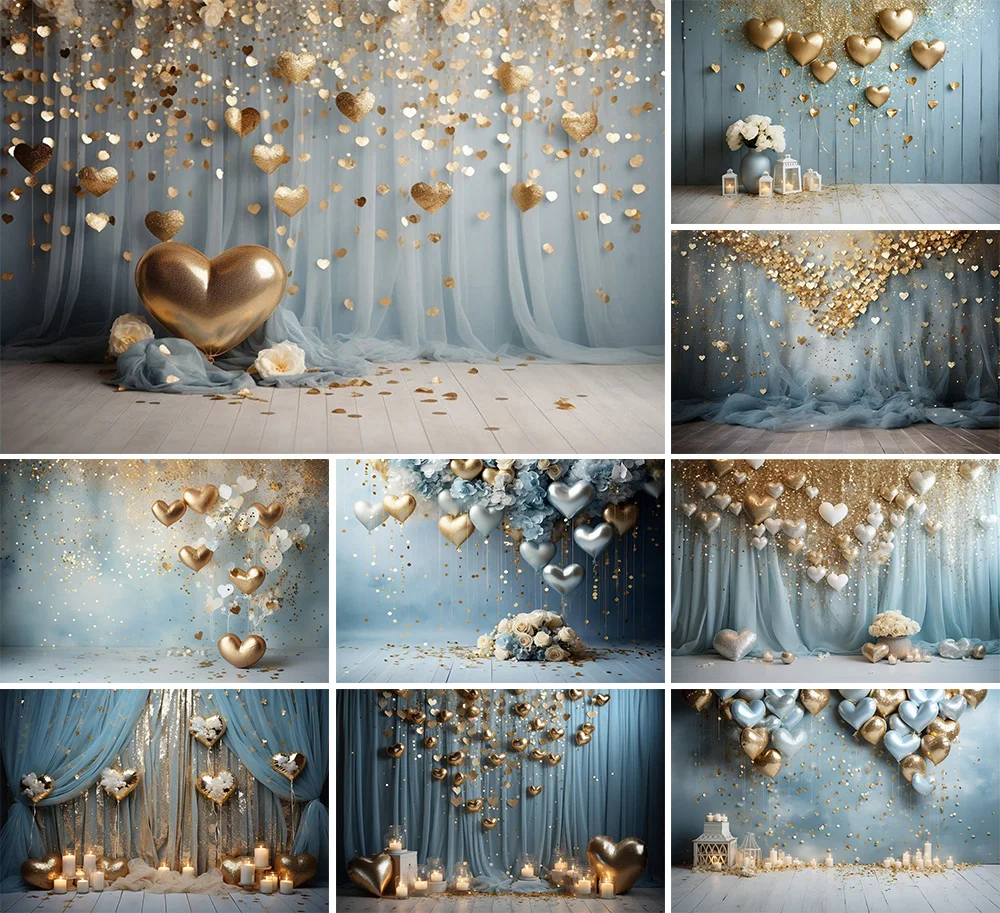 Mehofond Photography Background Valentine\'s Day Blue Gold Heart Kids Adult Birthday Party Portrait Decor Backdrop Photo Studio