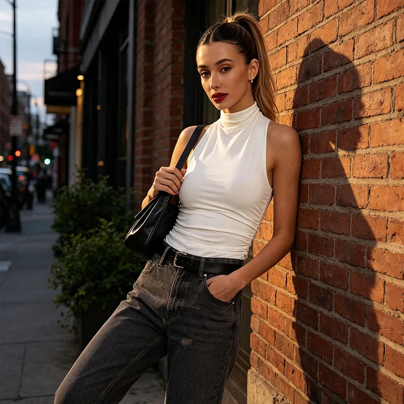Y2K Halter Mock Neck Tank Top Side Ruched Backless Sleeveless High‑Stretch Body‑Hugging Vest