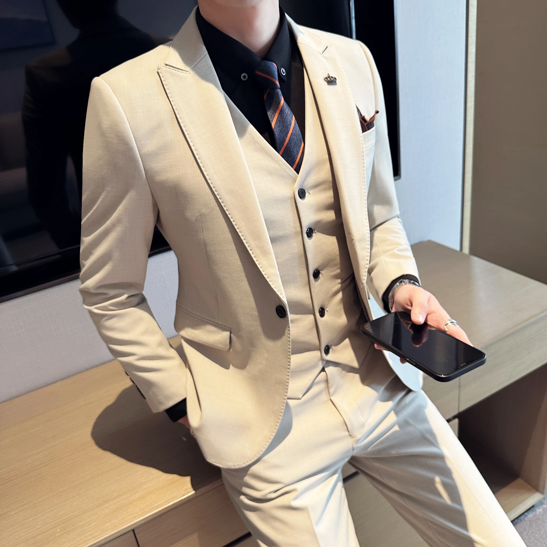 (Blazer+Pants+Vest) Luxury 3 Piece Men\'s Wedding Suit Fashion Men\'s Slim Fit Jacket Business Office Suits Sets Large Size 4XL