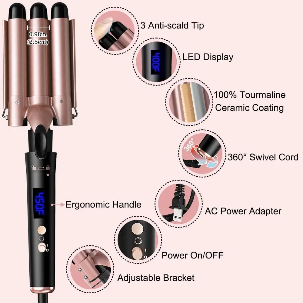 5 in 1 Curling Iron Set with 4 Interchangeable Barrels, 3-Barrel Hair Crimper, Adjustable Temp, Glove & Clips - view 4