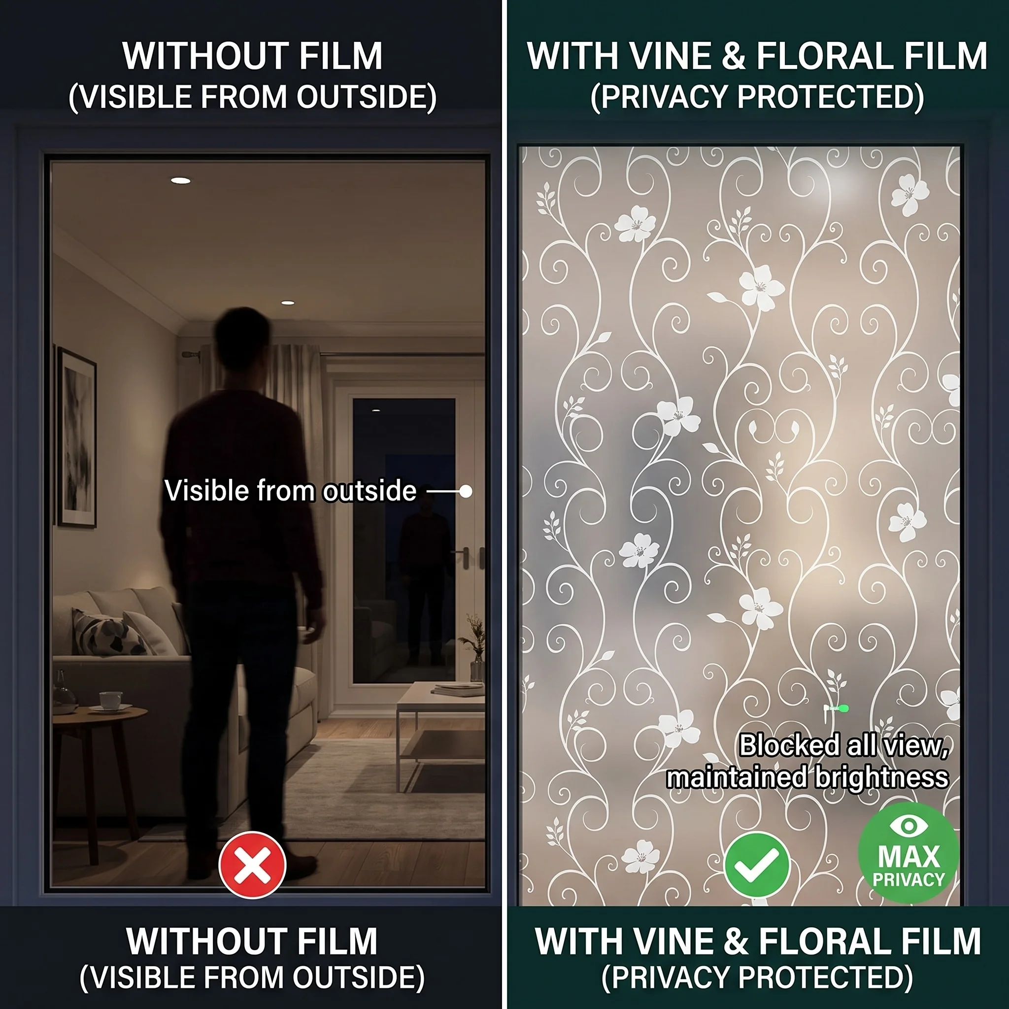 Elegant White Frosted Privacy Window Film Self-Adhesive Curly Vine Floral Design Removable Glass Sticker for Home Decor