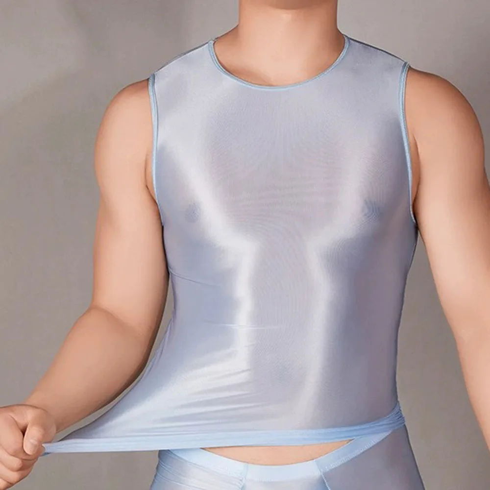 Men's Sexy Undershirt Glossy Transparent Breathable Musle Tank Top Elastic Vest Sleeveless Sheer Fitness T-Shirts Clubwear Swimw