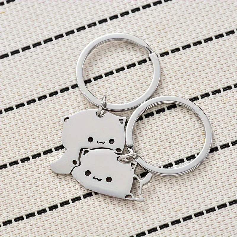 1 pair of sweet and cute cartoon cat keychains, made of stainless steel, suitable for decorating couple charter keys