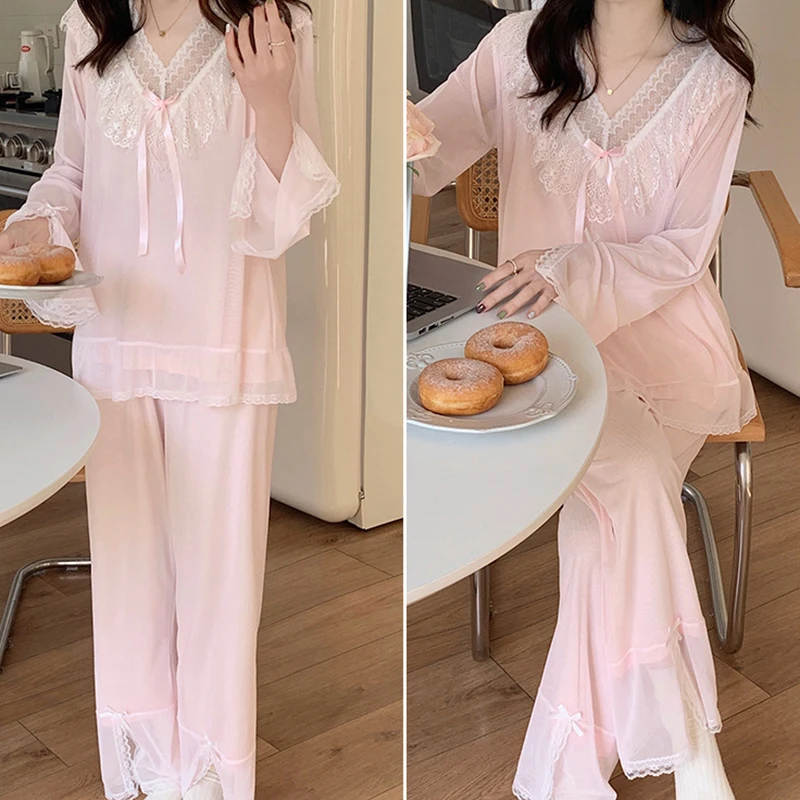 Korean Lolita Lace Mesh Pajamas Loungewear Women Long Sleeve Vintage Princess Retro Sexy Two Piece Suit Sexy Victorian Sleepwear