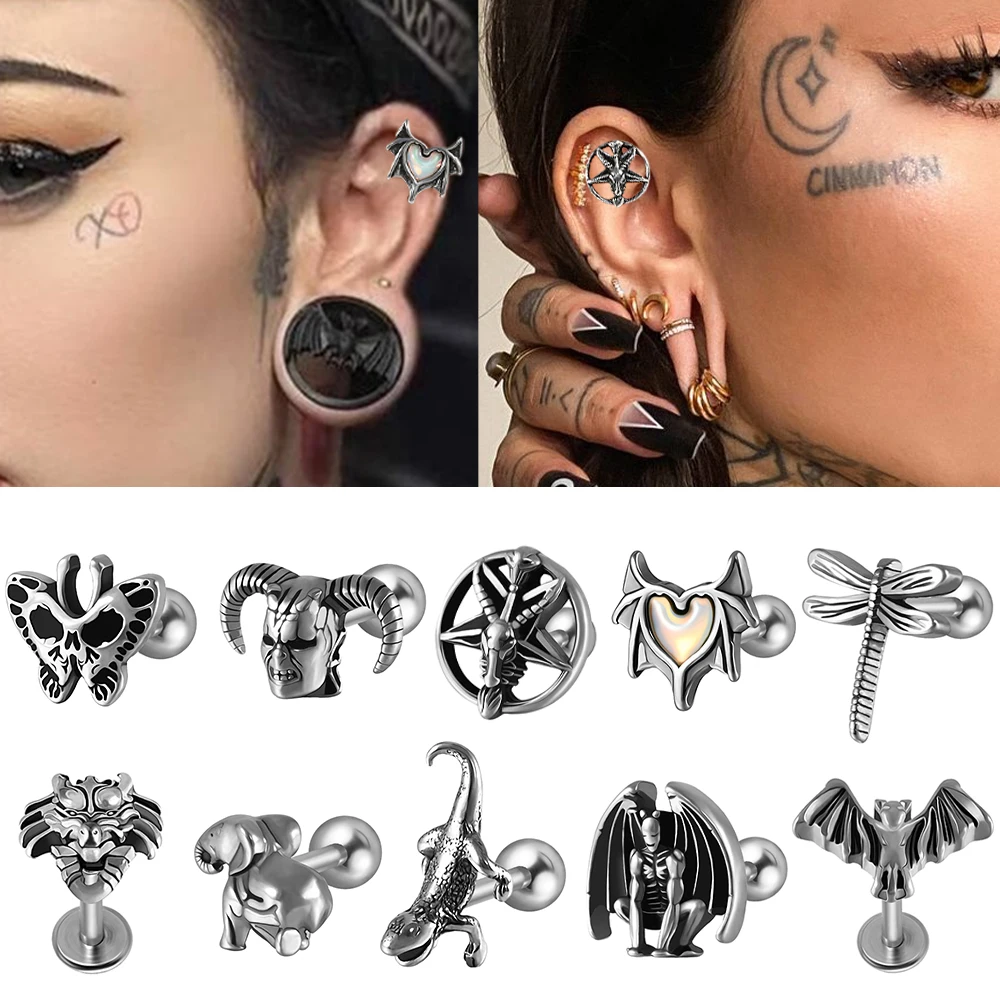 1PC Inverted Pentagram Pan God Skull Goat Head Ear Stud Animal Labret Lip Piercing Bat Earring Helix Cartilage Tragus Jewelry