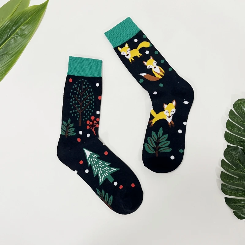 1 Pair Forest Plant Cute Fox Pattern Personalized Fashion AB Style Men\'s Mid-Calf Socks Suit In All Seasons