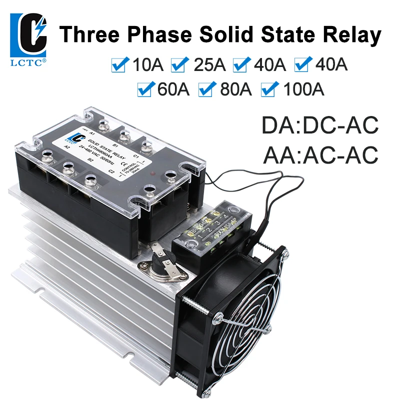 

LCTC Three Phase Solid State Relay SSR Zero Cross 3-phase Load Relay 3-32VDC Control With Radiator 380V10A 25A 40A 60A 80A 100A