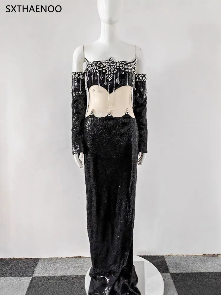 SXTHAENOO 2025 lentejuelas Patchwork fuera del hombro Maxi Vestido Sexy de manga larga recortado ceñido al cuerpo Vestido de celebridad vestidos de noche Vestido