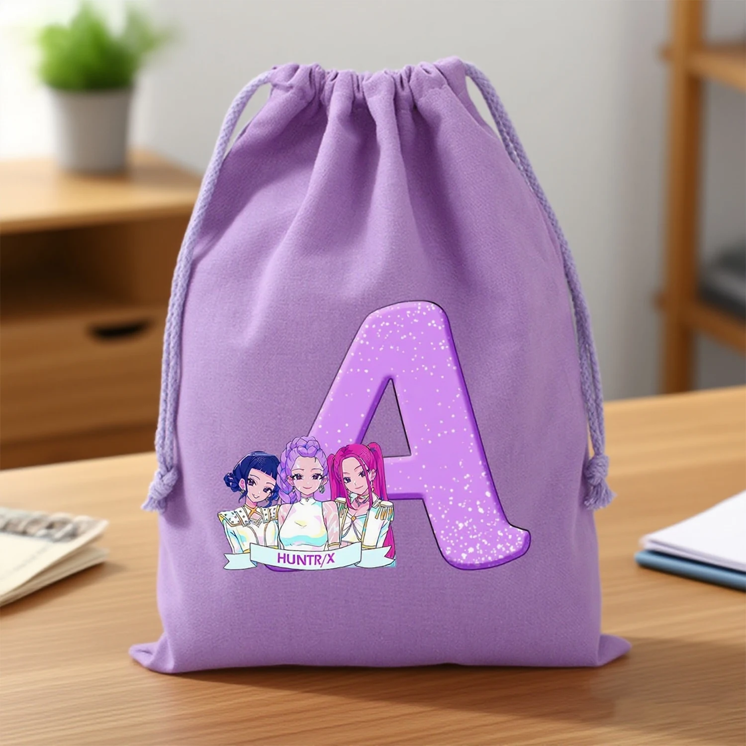 KPop Demon Hunters Borsa con coulisse Borsa regalo per cartoni animati Custodia con coulisse Borse portaoggetti in cotone per bambini Borse viola di grande capacità Kawaii