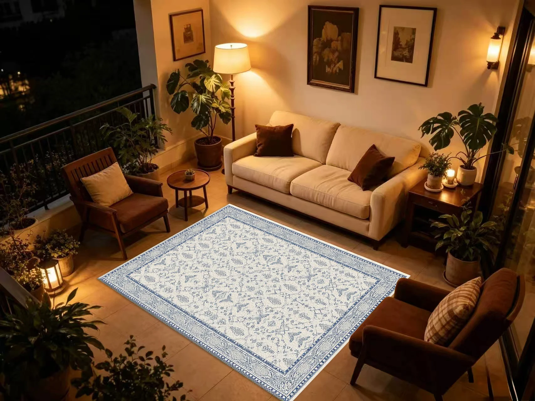 Blue White Vintage Ethnic Ornament Carpet Flooring Retro Border Seamless Printed Square Floor Rug for Living Space
