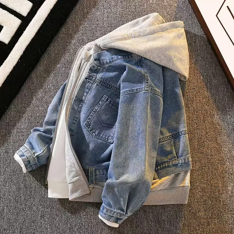 

Teenage Boys Denim Jacket Spring and Autumn New Children's Hooded Casual Korean Version Jacket 110-170cm